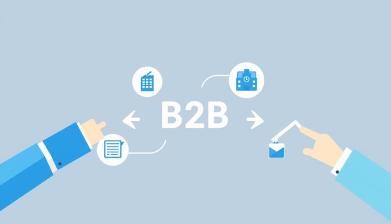 Grafika przedstawiająca relację B2B między dwoma firmami, z symbolami wymiany usług i produktów