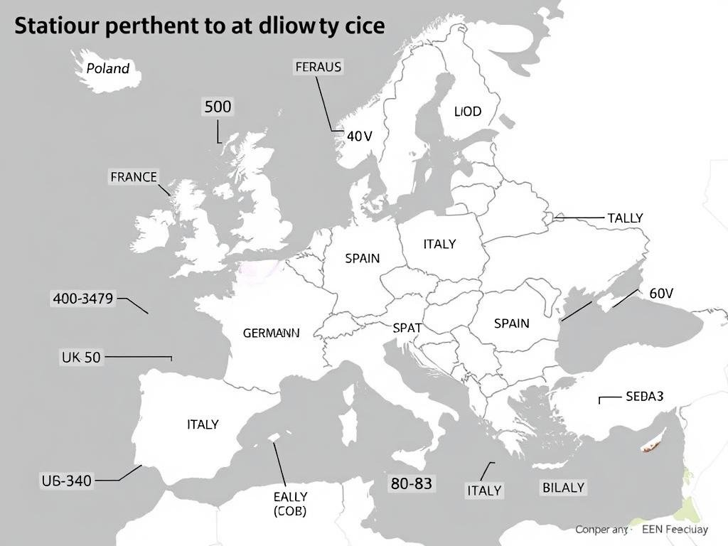Mapa Europy z zaznaczonymi kodami krajów dla najpopularniejszych prefiksów EAN