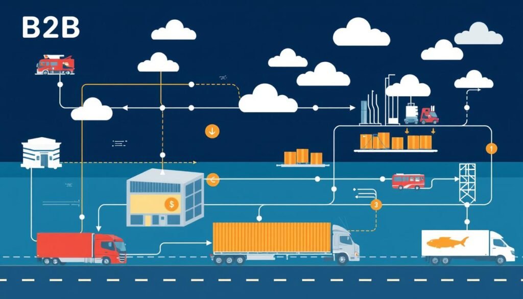 Złożony łańcuch dostaw B2B z magazynami, centrami dystrybucji i transportem między firmami Złożony łańcuch dostaw B2B z magazynami, centrami dystrybucji i transportem między firmami