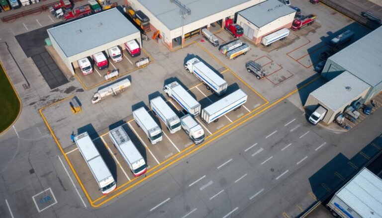 Baza transportowa z zaparkowanymi ciężarówkami i infrastrukturą techniczną