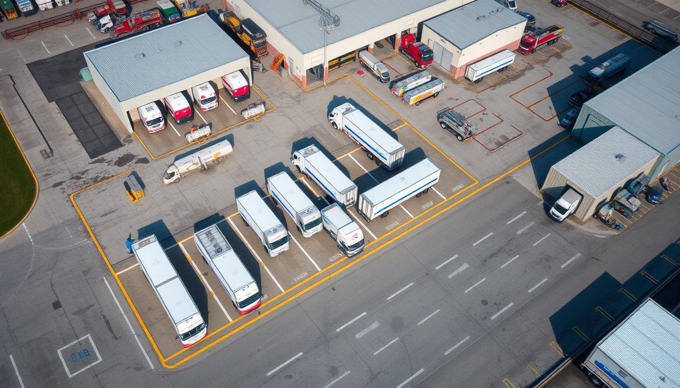 Baza transportowa z zaparkowanymi ciężarówkami i infrastrukturą techniczną