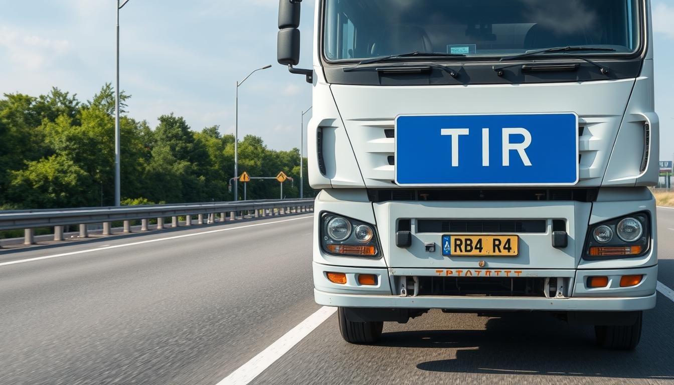 Ciężarówka z tabliczką TIR na drodze międzynarodowej