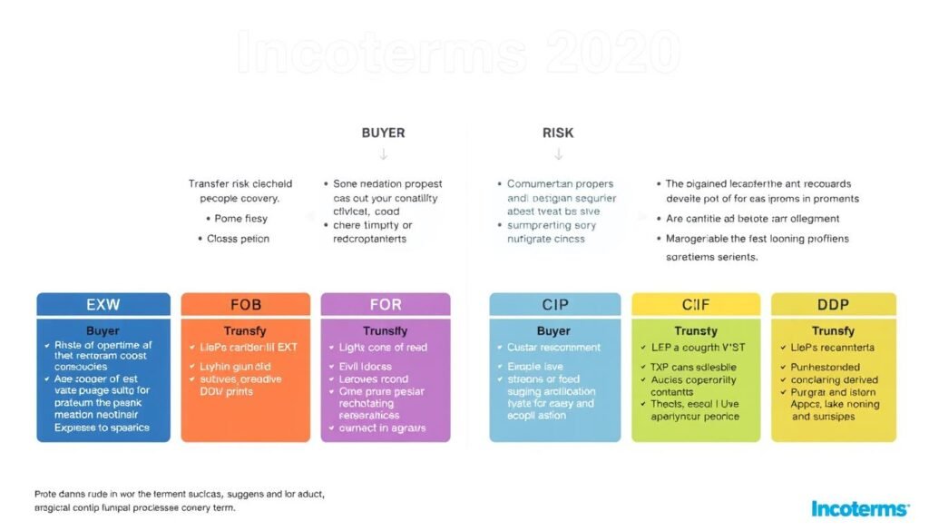 Graficzne przedstawienie reguł Incoterms 2020 z podziałem obowiązków między kupującym a sprzedającym