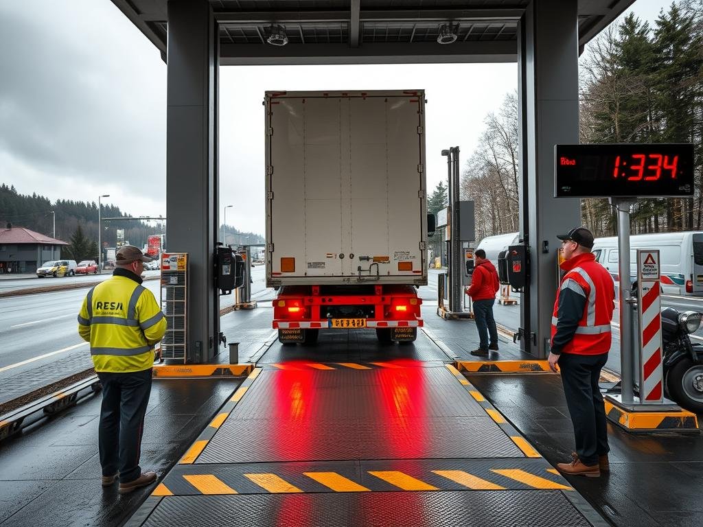 Kontrola wagi ciężarówki na stacji ważenia w Austrii