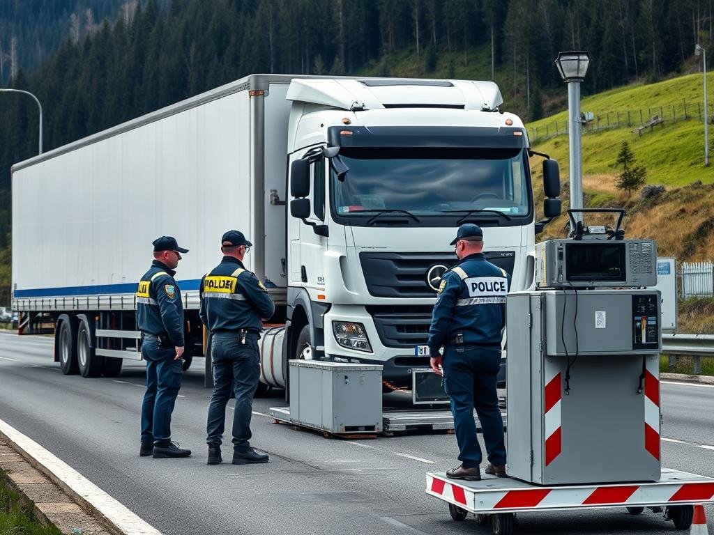 Mobilny punkt kontroli wagi ciężarówek na austriackiej autostradzie