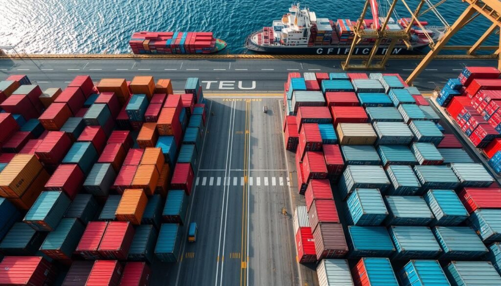 Porównanie kontenerów 20-stopowych (TEU) i 40-stopowych (FEU) na terminalu kontenerowym