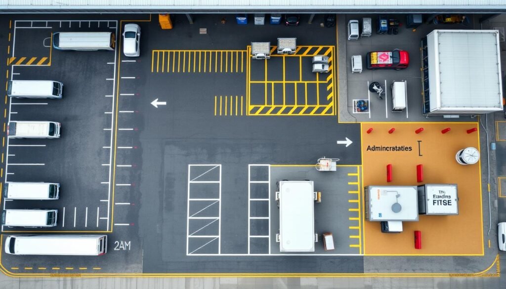 Praktyczna organizacja bazy transportowej z oznaczonymi strefami funkcjonalnymi