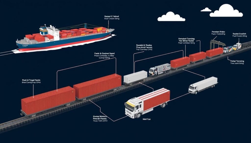 Schemat transportu intermodalnego łączącego transport morski, kolejowy i drogowy